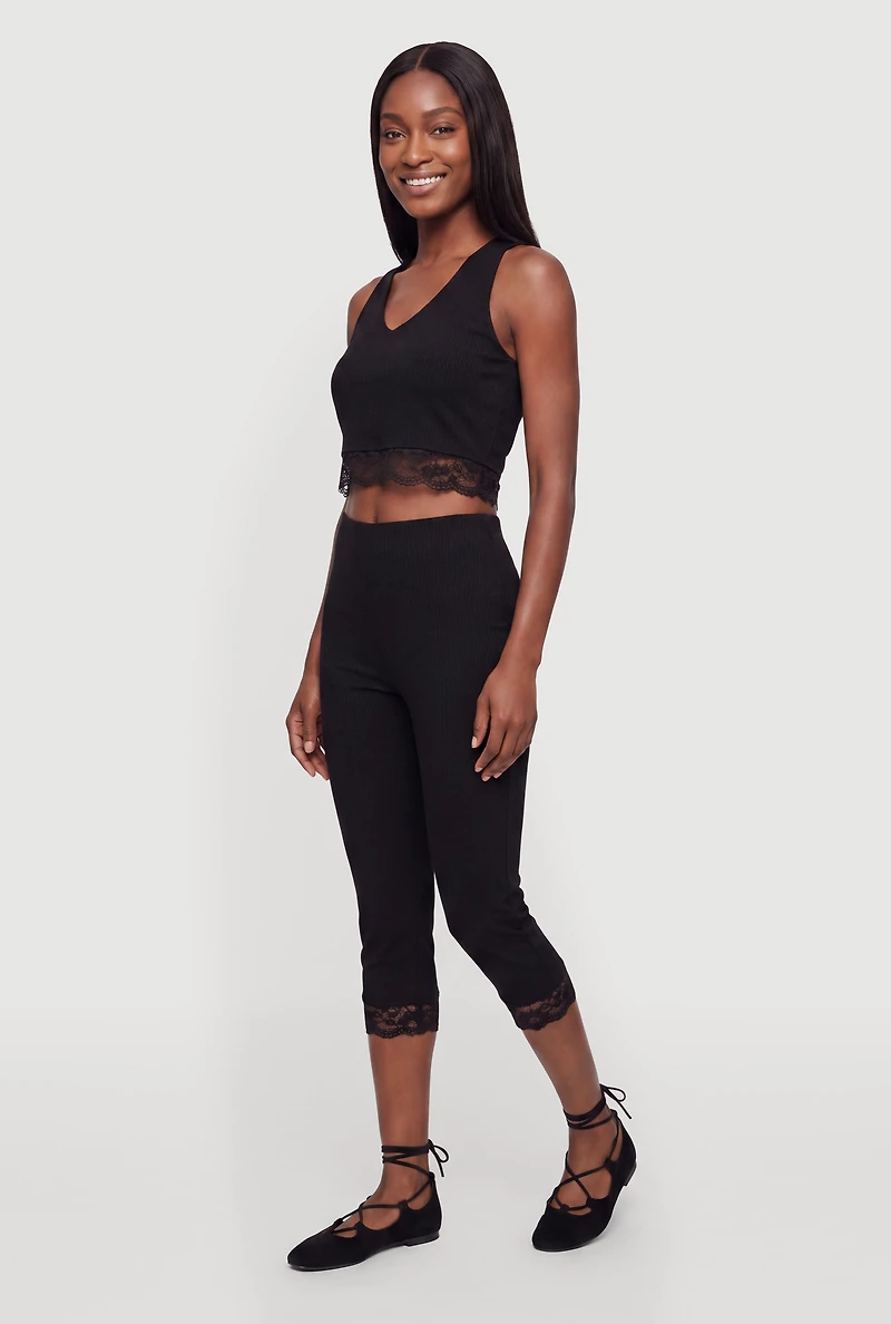 Lace Trim Crop Halter Top and High Waisted Capris Set