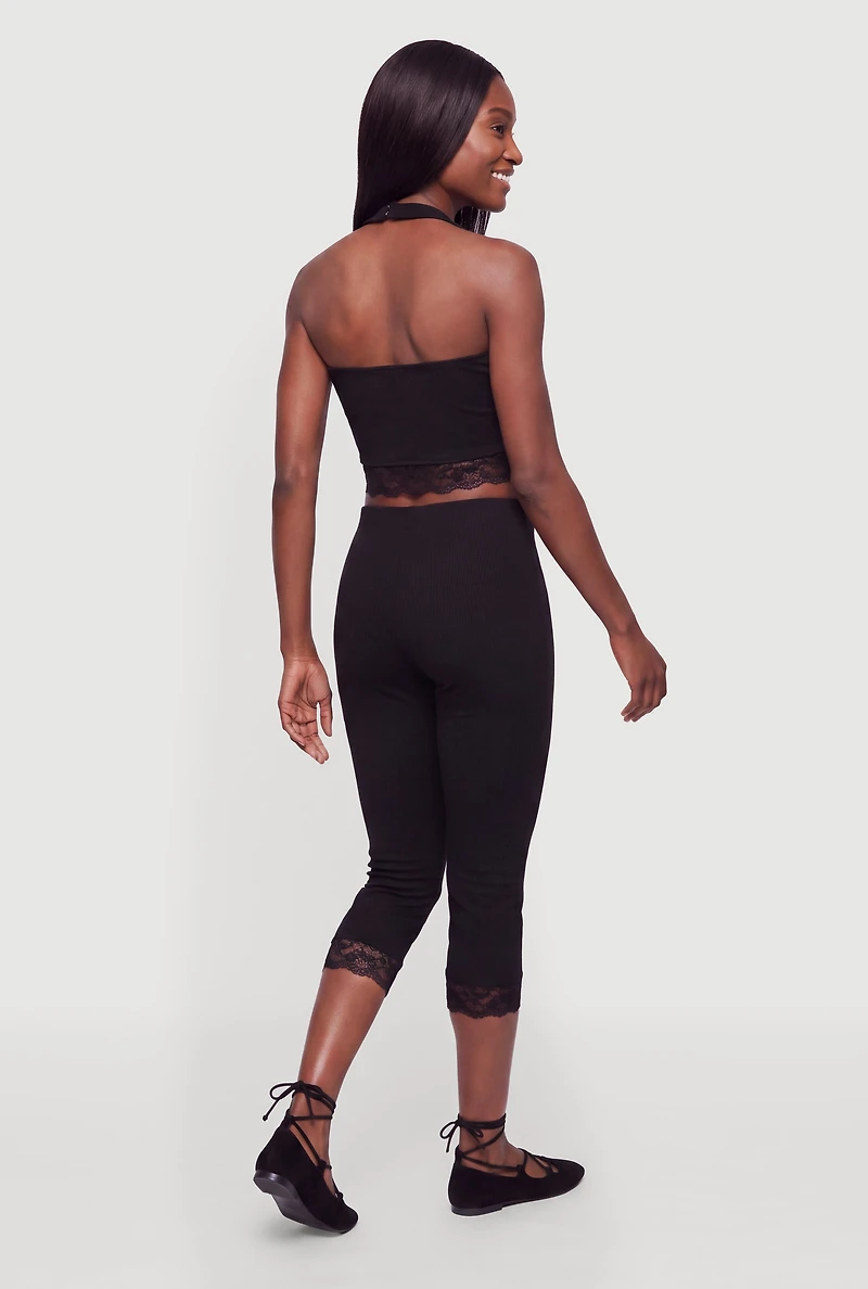 Lace Trim Crop Halter Top and High Waisted Capris Set