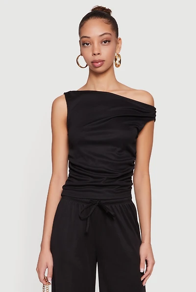 Side Ruched One Shoulder Ribbed Knit Blouse