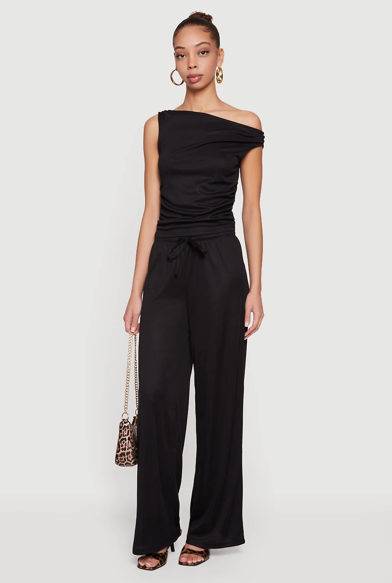 Side Ruched One Shoulder Ribbed Knit Blouse