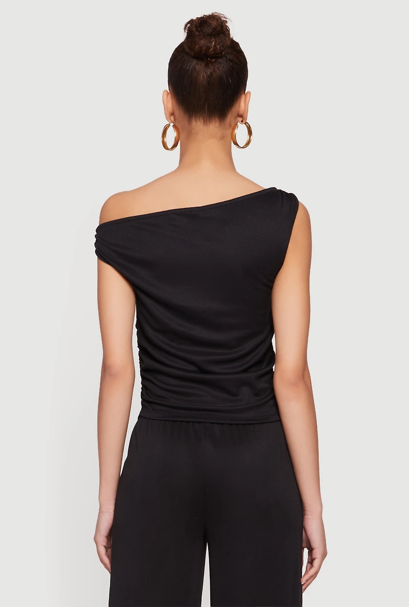 Side Ruched One Shoulder Ribbed Knit Blouse