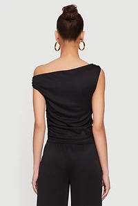 Side Ruched One Shoulder Ribbed Knit Blouse