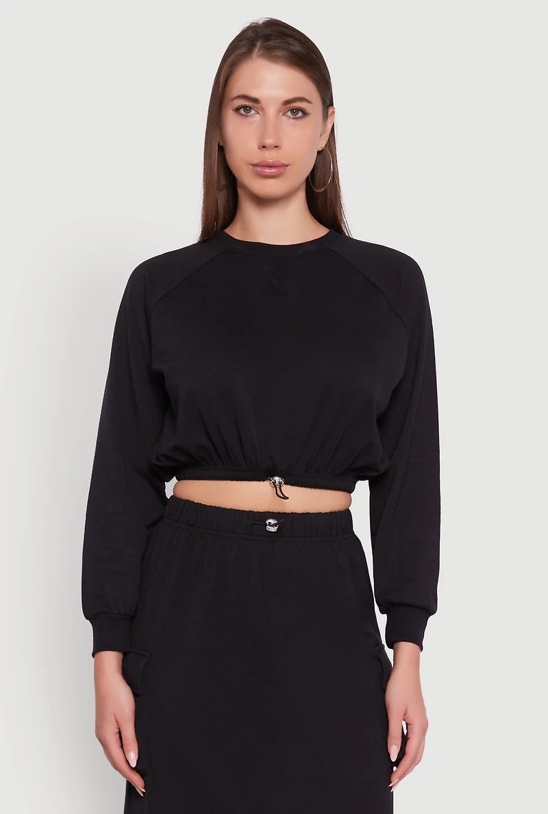 Womens Fleece High Neck Bishop Sleeve Crop Sweatshirt,