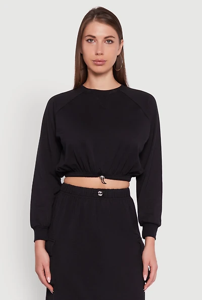 Fleece High Neck Bishop Sleeve Crop Sweatshirt