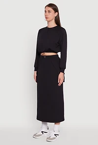 Womens Fleece High Neck Bishop Sleeve Crop Sweatshirt, Black, Size L