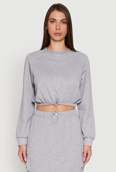 Womens Fleece High Neck Bishop Sleeve Crop Sweatshirt, Grey, Size M