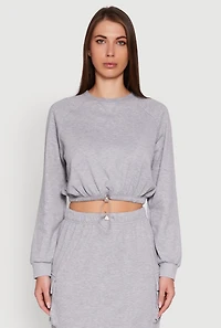 Womens Fleece High Neck Bishop Sleeve Crop Sweatshirt, Grey, Size M