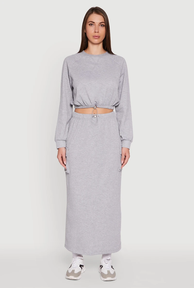 Womens Fleece High Neck Bishop Sleeve Crop Sweatshirt, Grey, Size M
