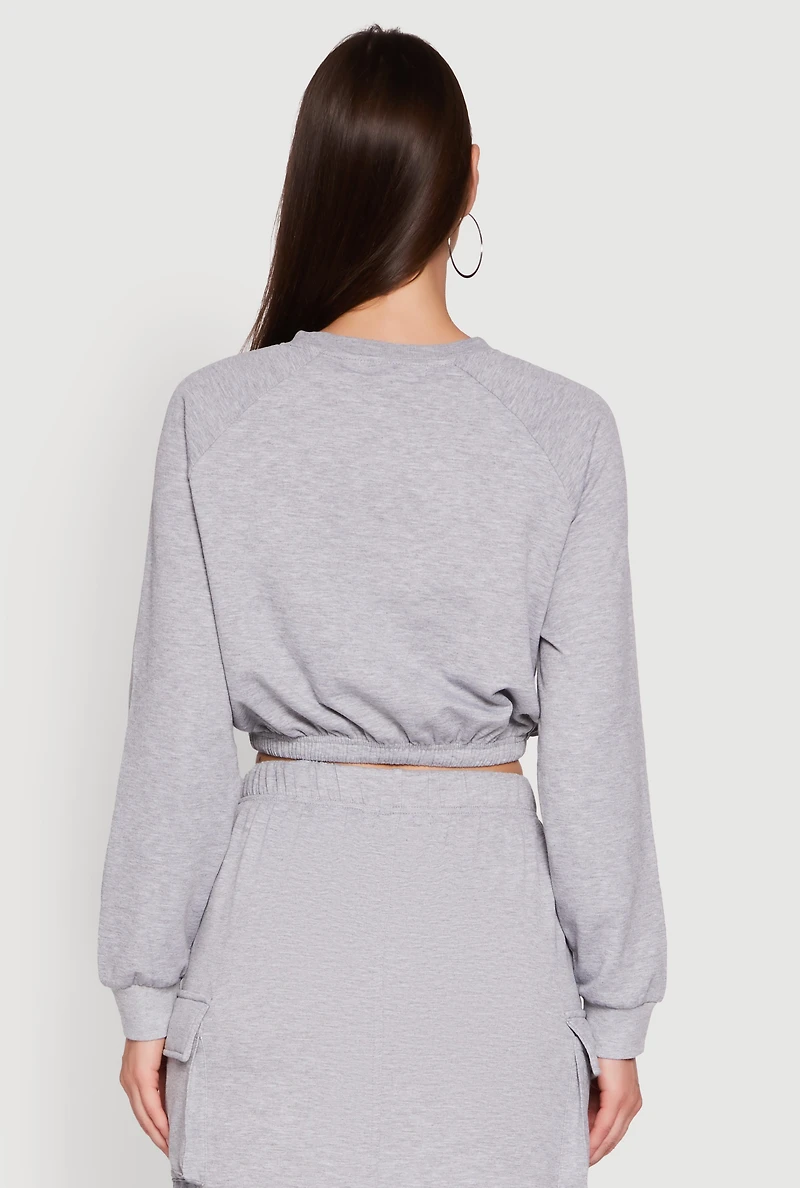 Womens Fleece High Neck Bishop Sleeve Crop Sweatshirt, Grey, Size M
