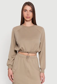 Fleece High Neck Bishop Sleeve Crop Sweatshirt