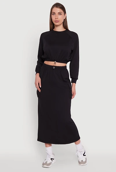 Womens Fleece Toggle Drawstring Cargo Pocket Midi Skirt,