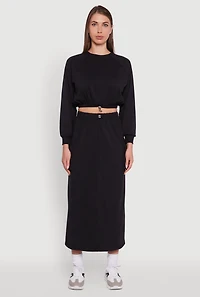 Womens Fleece Toggle Drawstring Cargo Pocket Midi Skirt, Black, Size XL