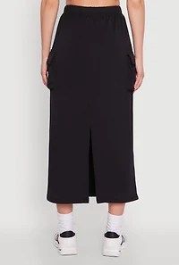 Womens Fleece Toggle Drawstring Cargo Pocket Midi Skirt, Black, Size XL
