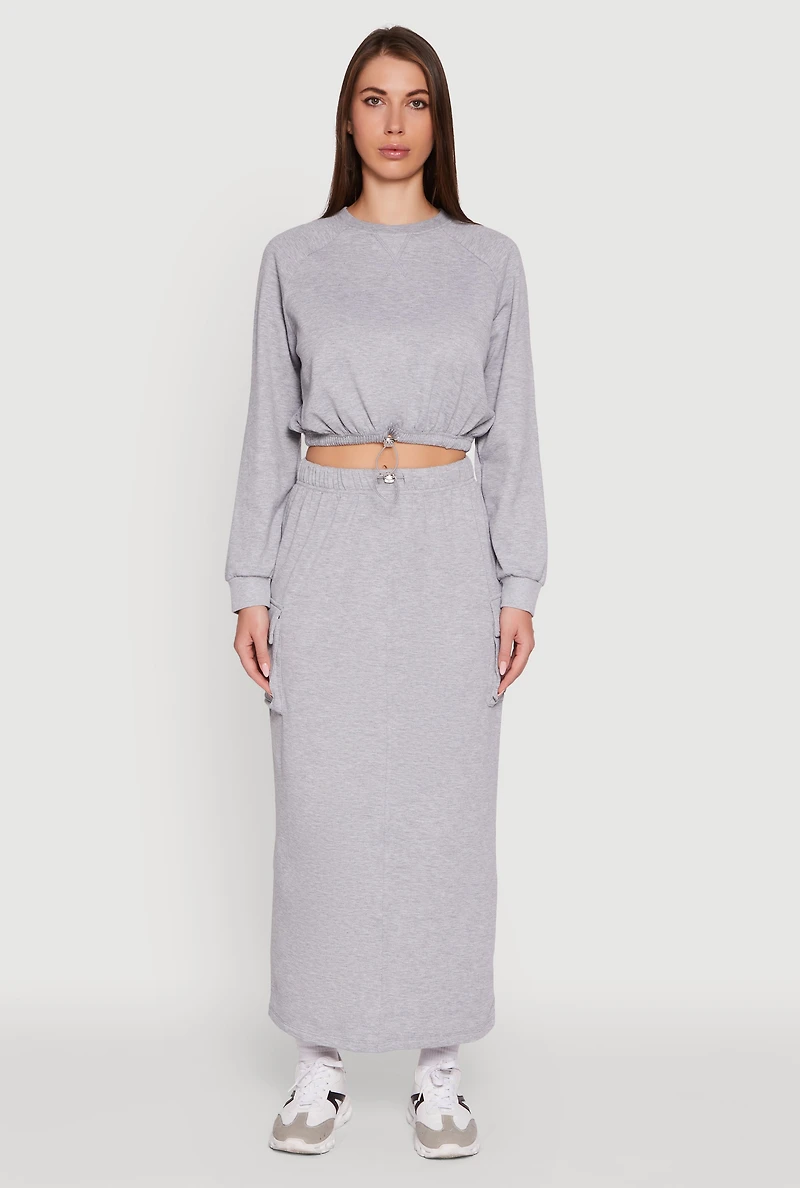 Fleece Toggle Drawstring Cargo Pocket Midi Skirt