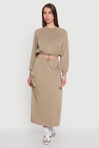 Womens Fleece Toggle Drawstring Cargo Pocket Midi Skirt,