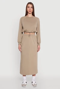 Womens Fleece Toggle Drawstring Cargo Pocket Midi Skirt,