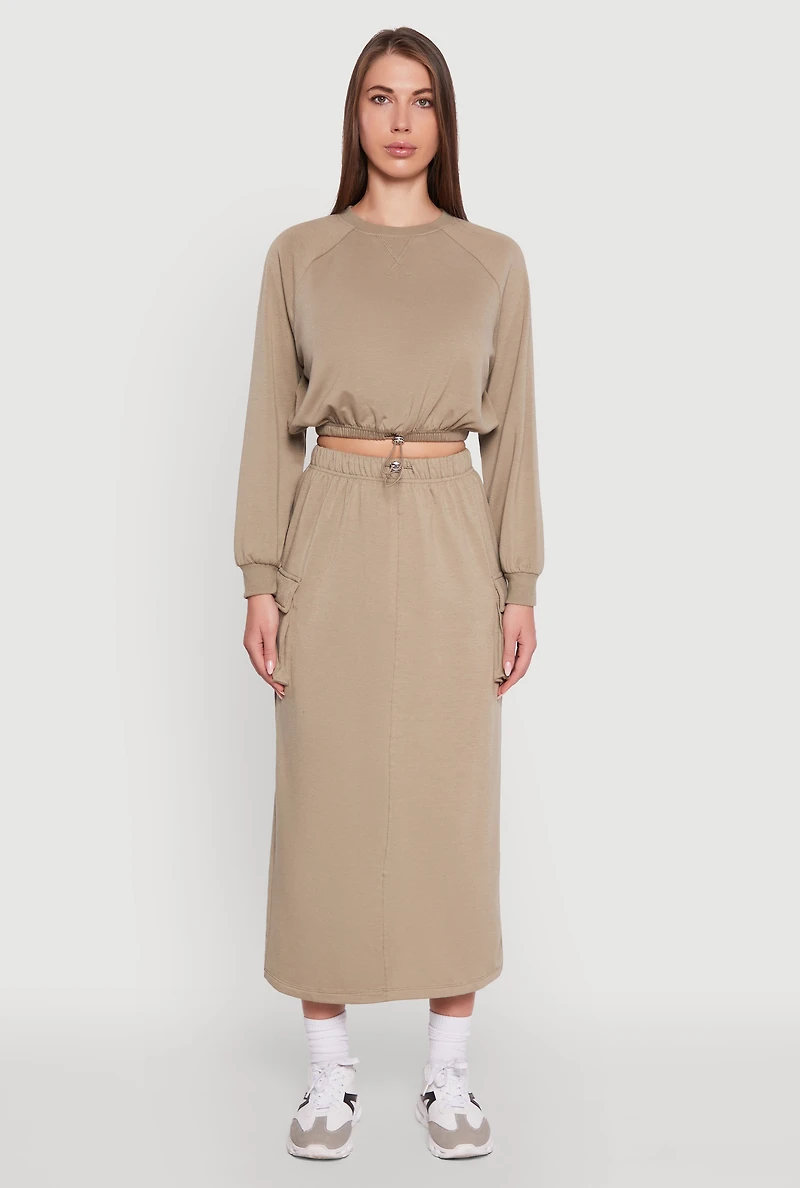 Womens Fleece Toggle Drawstring Cargo Pocket Midi Skirt, Green, Size M