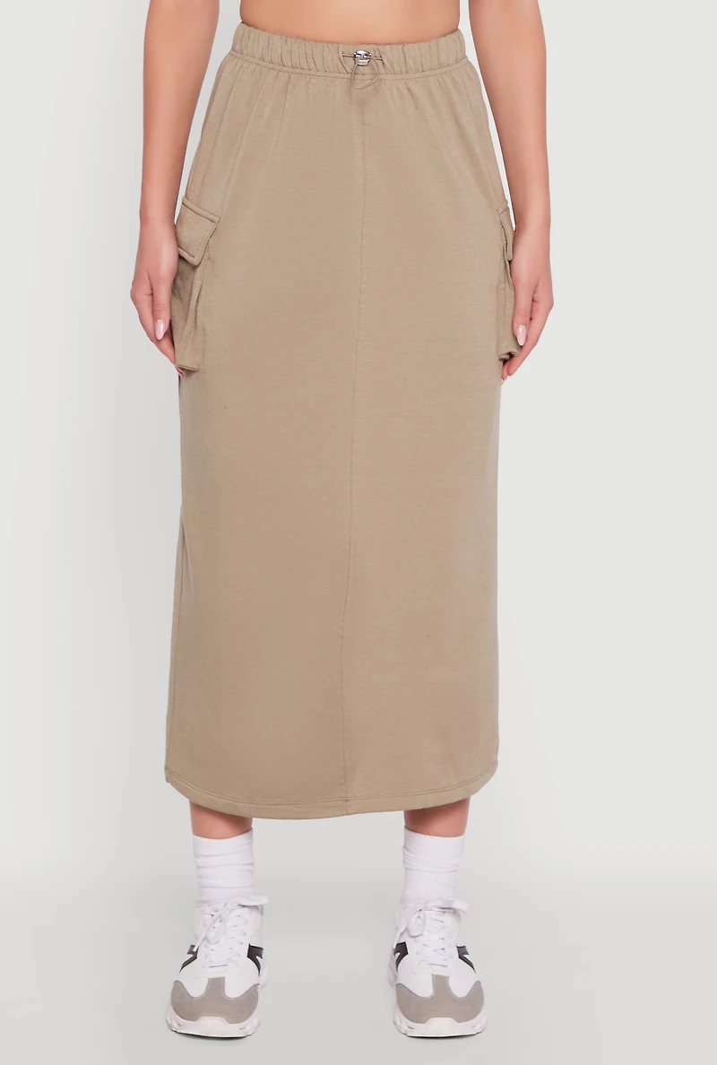 Womens Fleece Toggle Drawstring Cargo Pocket Midi Skirt, L