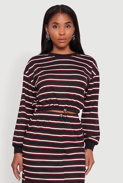 Womens Striped Cropped Toggle Drawstring Hem Sweatshirt, Black, Size S