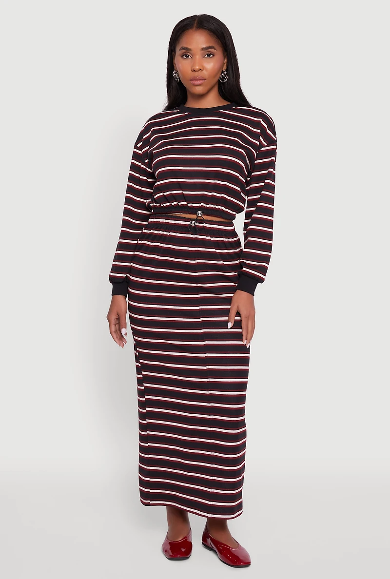 Womens Striped Cropped Toggle Drawstring Hem Sweatshirt, Multi,