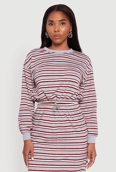 Womens Striped Cropped Toggle Drawstring Hem Sweatshirt, Multi, Size L