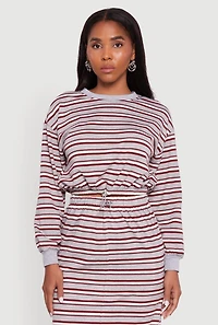 Womens Striped Cropped Toggle Drawstring Hem Sweatshirt, Multi,