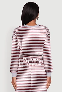 Womens Striped Cropped Toggle Drawstring Hem Sweatshirt, Multi,