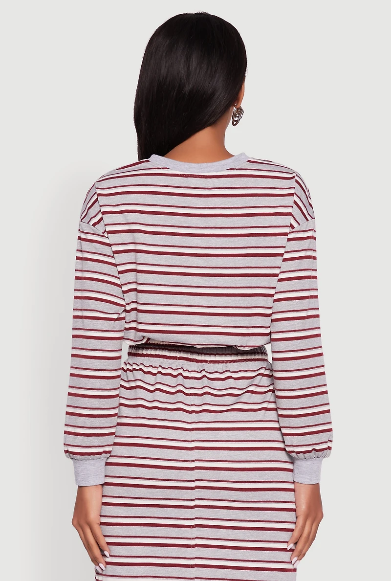 Womens Striped Cropped Toggle Drawstring Hem Sweatshirt, Multi, Size S