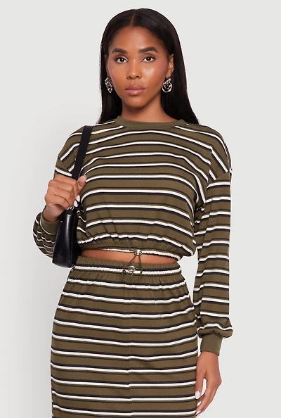 Womens Striped Cropped Toggle Drawstring Hem Sweatshirt, Green, Size L