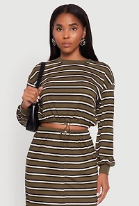 Womens Striped Cropped Toggle Drawstring Hem Sweatshirt, Green, Size L
