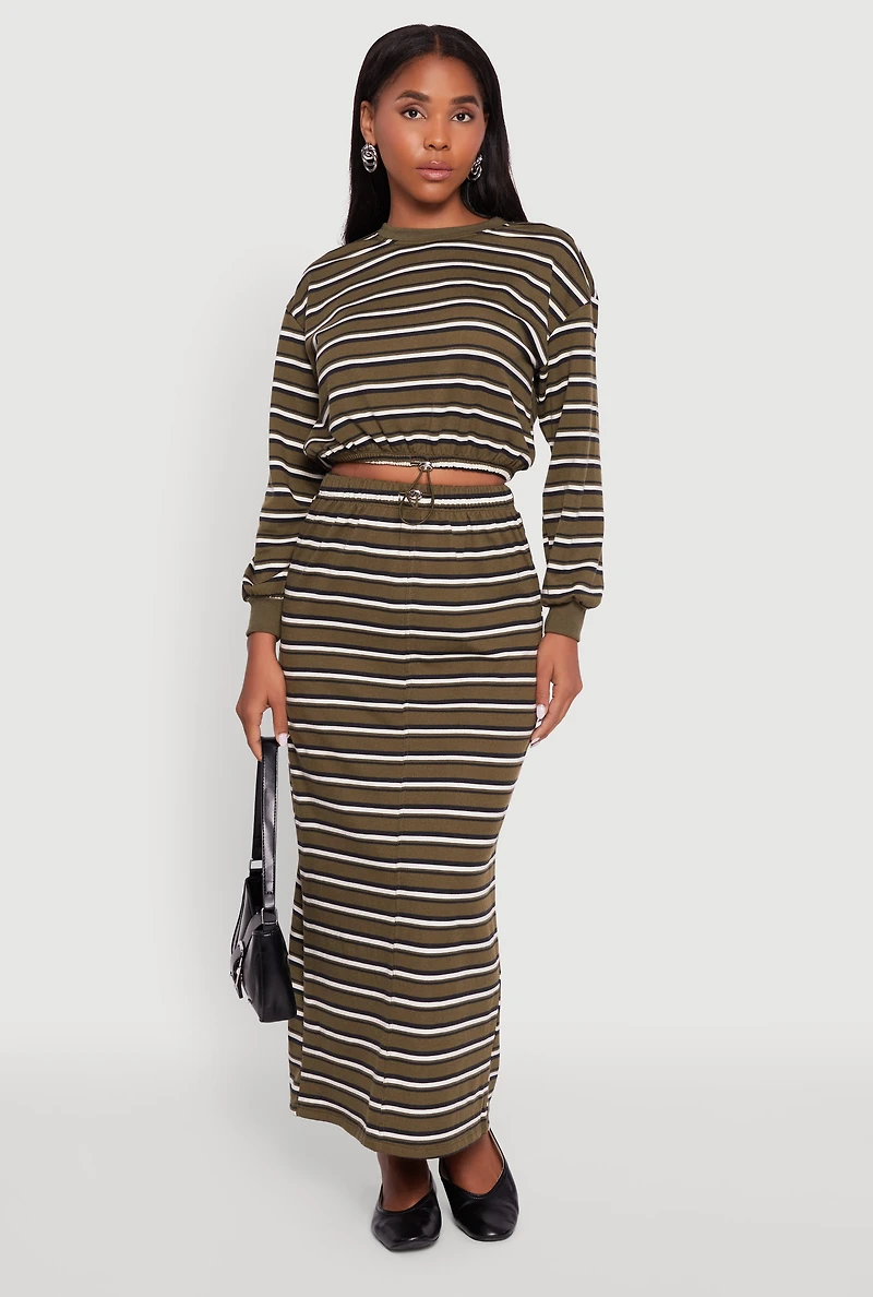 Womens Striped Cropped Toggle Drawstring Hem Sweatshirt, Green, Size L