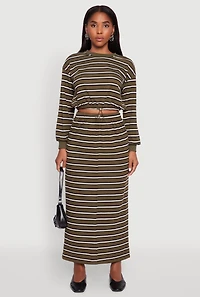 Womens Striped Cropped Toggle Drawstring Hem Sweatshirt, Green, Size M