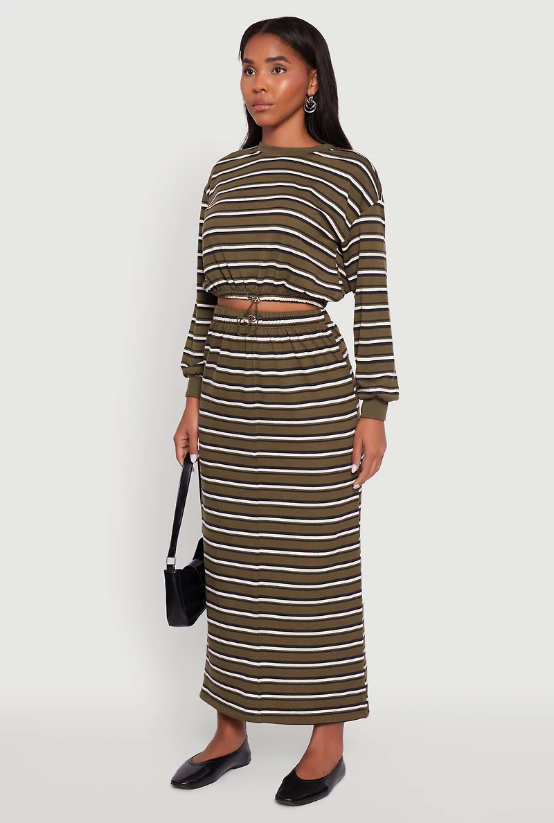 Womens Striped Cropped Toggle Drawstring Hem Sweatshirt, Green, Size L