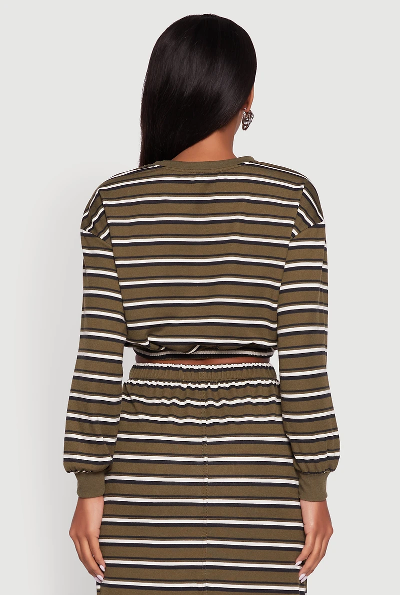 Womens Striped Cropped Toggle Drawstring Hem Sweatshirt, Green, Size L