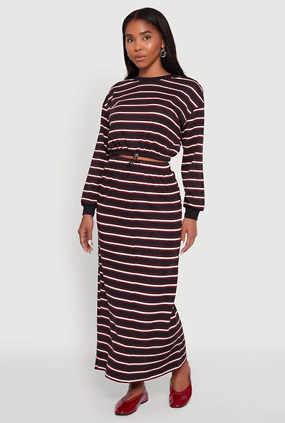 Womens Striped Toggle Drawstring Waist Slit Back Maxi Skirt,