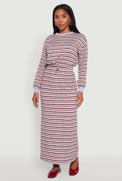 Womens Striped Toggle Drawstring Waist Slit Back Maxi Skirt, Multi, Size L