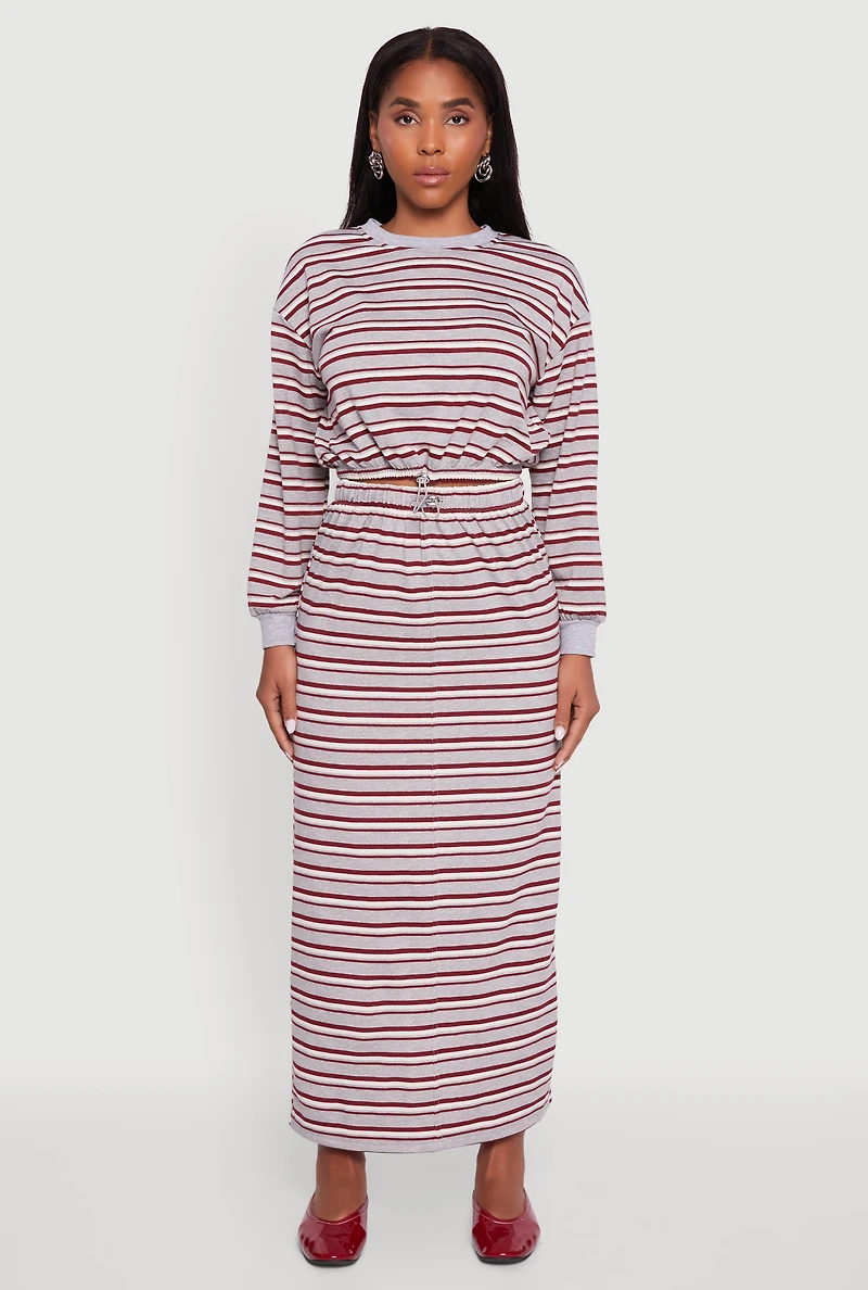 Womens Striped Toggle Drawstring Waist Slit Back Maxi Skirt, Multi, Size L