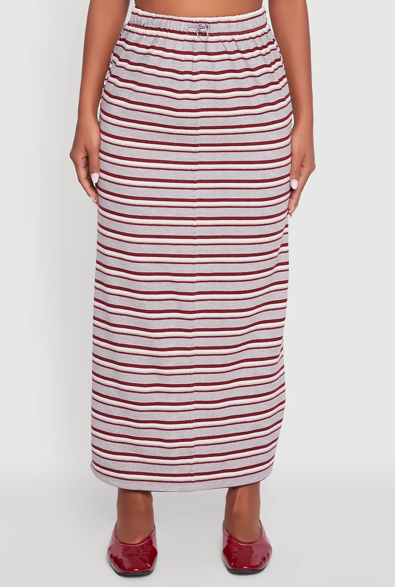 Womens Striped Toggle Drawstring Waist Slit Back Maxi Skirt, Multi, Size L