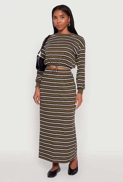 Womens Striped Toggle Drawstring Waist Slit Back Maxi Skirt, Green, Size L