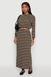Womens Striped Toggle Drawstring Waist Slit Back Maxi Skirt,