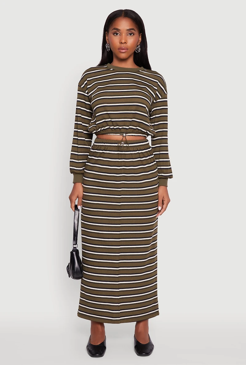 Womens Striped Toggle Drawstring Waist Slit Back Maxi Skirt,