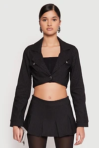 Womens Almost Famous Pinstripe Cropped Blazer, Black, Size M