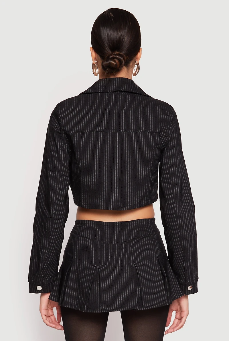 Womens Almost Famous Pinstripe Cropped Blazer, Black, Size M