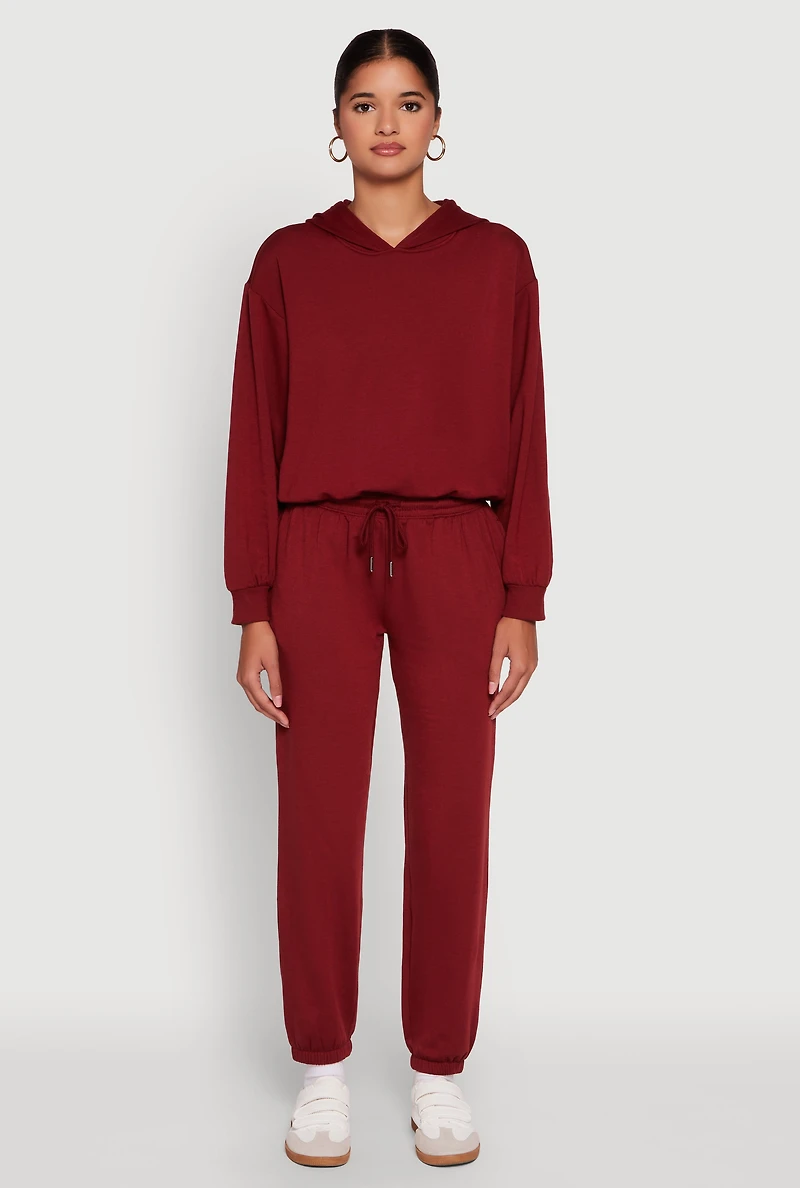 Womens Mid Rise Drawstring Waist Fleece Sweatpants, Burgundy,