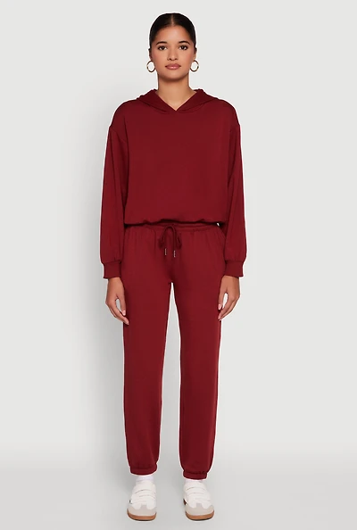 Womens Mid Rise Drawstring Waist Fleece Sweatpants, Burgundy,