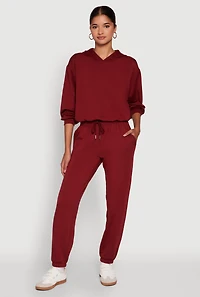 Womens Mid Rise Drawstring Waist Fleece Sweatpants, Burgundy,