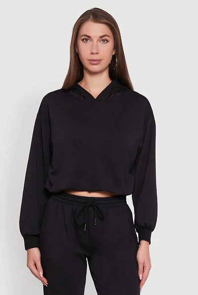 Womens Bubble Hem Fleece Lined Hooded Crop Sweatshirt,