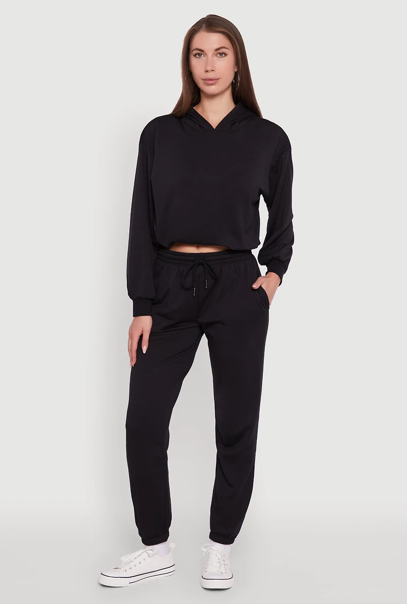 Womens Bubble Hem Fleece Lined Hooded Crop Sweatshirt,