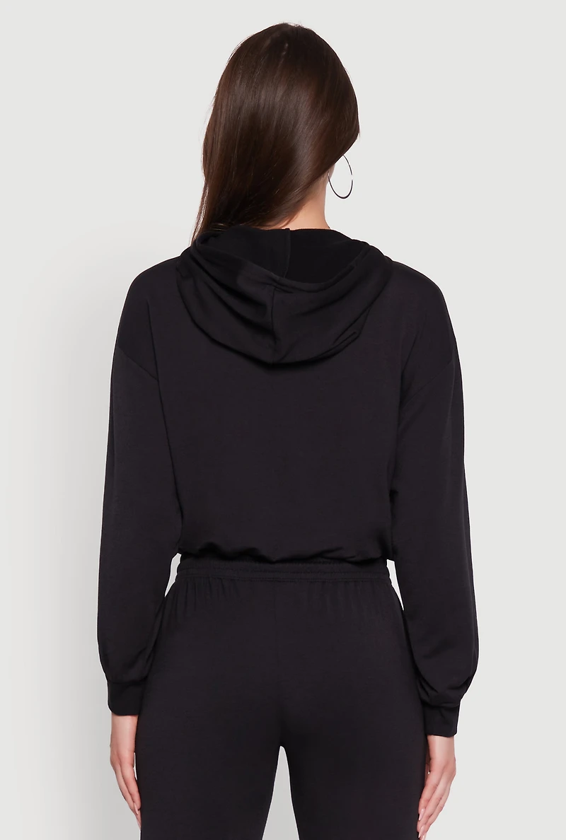 Womens Bubble Hem Fleece Lined Hooded Crop Sweatshirt,