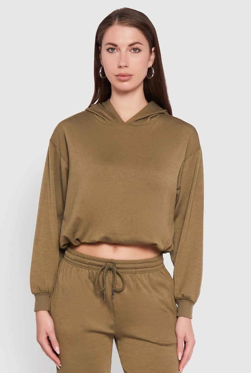 Womens Bubble Hem Fleece Lined Hooded Crop Sweatshirt, Green, Size L